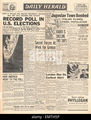 1940 front page Daily Herald Roosevelt wins in U.S. election Italian bombers raid Yugoslavia Stock Photo