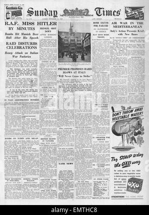 1940 front page Sunday Times RAF bomb Munich war in Mediterranean against Italy continues Stock Photo