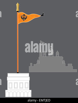 an illustration of the Sikh flag called Nishan Sahib on a white marble pedestal with abstract gurdwara on a gray background Stock Photo