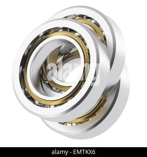 Three isolated realistic angled bearing on a white background with small scratches. High resolution 3D Stock Photo