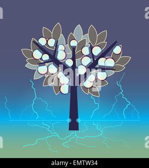 Artificial electrical tree. Green energy ecology concept. Stock Vector