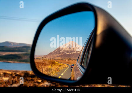 Mount Errigal, reflected in car wing mirror, An Earagail,  a 751-metre (2,464 ft) mountain near Gweedore in County Donegal