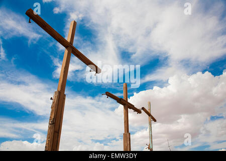 Three crosses erected in the desert near Joshua Tree California. Stock Photo