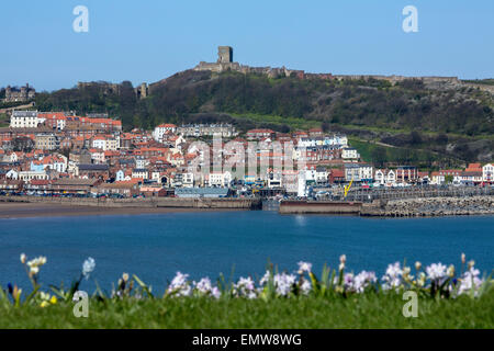 Scarborough Castle on a hillside above the town and harbor - North Yorkshire coast in the northeast of England. Stock Photo