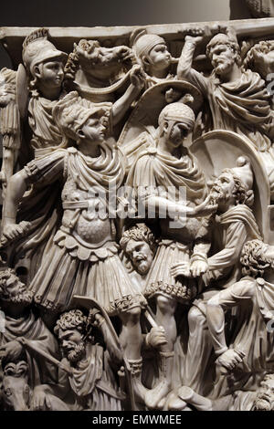 Ludovisi Battle sarcophagus. 3rd century. Roman era. Battle scene between Romans and Goths. National Museum of Rome. Altemps. Stock Photo