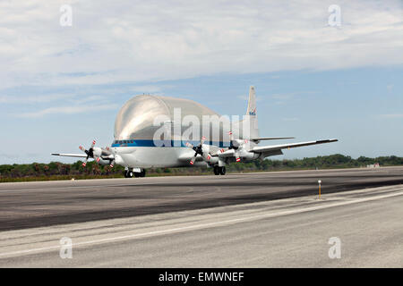 NASA's Super Guppy, a specially designed wide-bodied cargo aircraft at the Kennedy Space Center April 21, 2015 in Cape Canaveral, Florida. The aircraft is transporting the Orion heat shield ground test article to Lockheed Martin Space Systems Company near Denver. Stock Photo