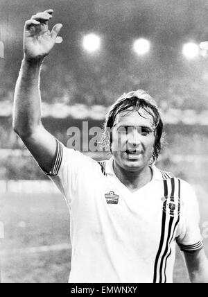 FA Cup Semi Final replay at Goodison Park. Liverpool 0 v Manchester United 1. Manchester United's Jimmy Greenhoff celebrates at the end of the match after his headed goal sent United into the FA Cup Final to play Arsenal. 4th April 1979. Stock Photo