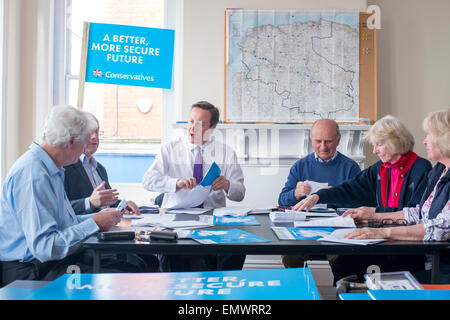 Prime Minister David Cameron helping out in the Barnstaple Conservative HQ during the General Election campaign 2015, Devon, UK Stock Photo