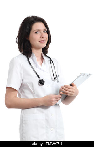Young nurse woman posing and holding a medical history isolated on a white background Stock Photo