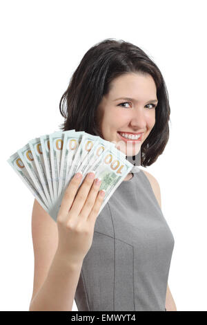 Business woman showing money holding banknotes isolated on a white background Stock Photo