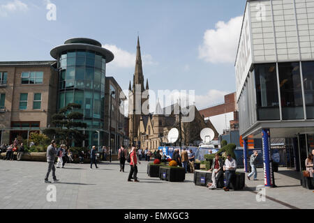 Tudor Square Sheffield city centre England, Crucible Theatre, and St Marie's Catholic Cathedral, British city centre Stock Photo