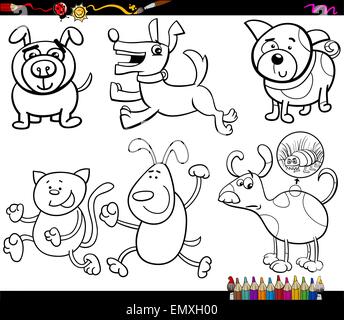 Coloring Book Cartoon Illustration Set of Cartoon Illustration of Dogs Animal Characters Stock Vector