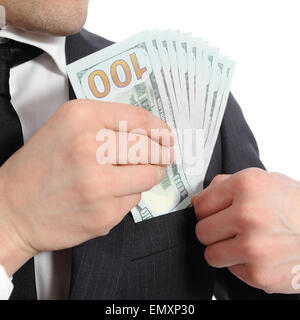 Close up of a business man hand keeping money in his pocket isolated on a white background Stock Photo