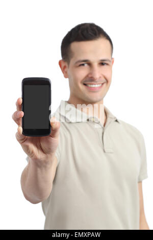 Handsome man showing a blank smart phone display isolated on a white background Stock Photo