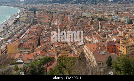 Nice Old Town and the Promenade des Anglais from Castle Hill above Stock Photo