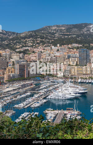 View from Monaco Ville across Port Hercule towards Monte Carlo on a sunny day Stock Photo