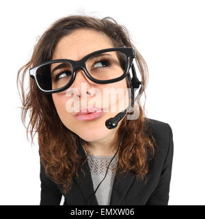 Funny telephone operator agent thinking and looking sideways isolated on a white background Stock Photo