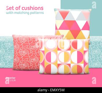 Set of cushions and pillows with matching seamless patterns. Interior, furniture design elements. EPS10 vector, meshes Stock Vector