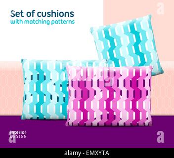 Set of cushions and pillows with matching seamless patterns. Interior, furniture design elements. EPS10 vector, meshes Stock Vector