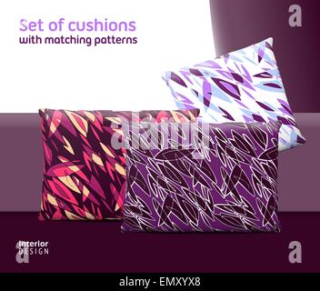Set of cushions and pillows with matching seamless patterns. Interior, furniture design elements. EPS10 vector, meshes Stock Vector