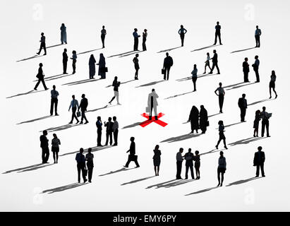 Lone Silhouettes Of A Business Man In A Center Amongst Group Of Silhouettes Of Business People Stock Photo