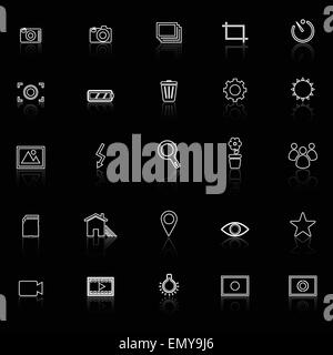 Photography sign icons with reflect on black background, stock vector ...