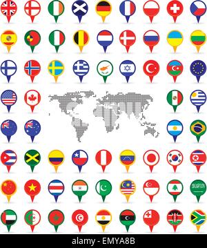 world flags on map pins Stock Vector