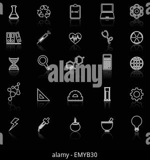 Science line icons with reflect on black background, stock vector Stock Vector