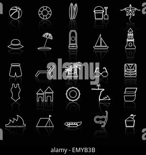 Beach line icons with reflect on black background, stock vector Stock Vector