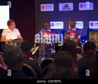 (L&R) Dennis Kimetto and Wilson Kipsang attends Virgin Money London Marathon Elite men photocall at Tower Bridge in London. Stock Photo