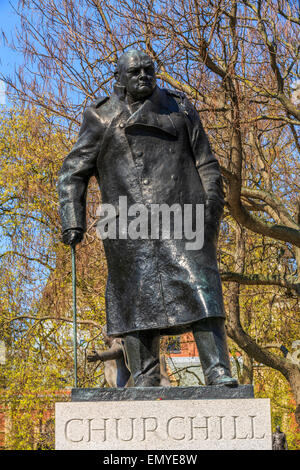 The Statue of Sir Winston Churchill in Parliament Square is a bronze sculpture of the former British Prime minister created by Ivor Roberts-Jones. Stock Photo