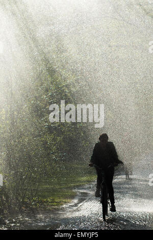 Berlin, Germany. 24th Apr, 2015. A woman rides on her bicycle passing water sprinklers in the Tiergarten Park in Berlin, Germany, 24 April 2015. Photo: Lukas Schulze/dpa/Alamy Live News Stock Photo
