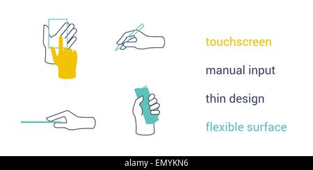 Feature icons of mobile device interface. Touch-screen, manual input, thin design, flexible surface Stock Vector