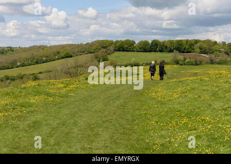 Walkers hikers on Little Solsbury Hill Batheaston Somerset England UK Stock Photo