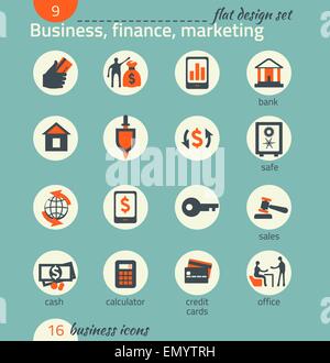 Business icon set. Software and web development, marketing, e-commerce. Flat design Stock Vector