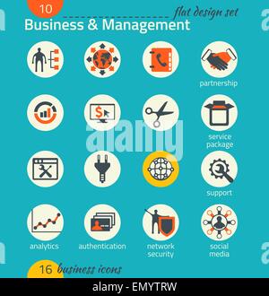 Business icon set. Software and web development, marketing, global communications. Flat design. The map image is derived from th Stock Vector