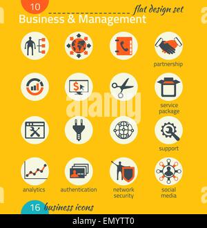 Business icon set. Software and web development, marketing, global communications. Flat design. The map image is derived from th Stock Vector