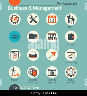 Business icon set. Software and web development, marketing, global communications. Flat design. The map image is derived from th Stock Vector