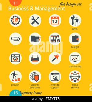 Business icon set. Software and web development, marketing, global communications. Flat design. The map image is derived from th Stock Vector