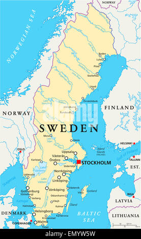 Sweden Political Map with capital Stockholm, national borders, important cities, rivers and lakes. English labeling and scaling. Stock Photo