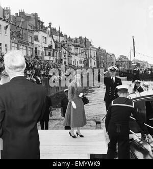 Her Majesty Queen Elizabeth II arriving at St Peter Port in Guernsey on her royal visit to the Channel Islands with her husband Prince Philip, Duke of Edinburgh. 29th July 1957. Stock Photo