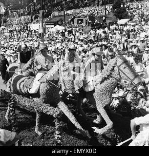 The annual Battle of Flowers carnival held on the Channel Island of Jersey. Horses made of plants on display. 5th August 1958. Stock Photo