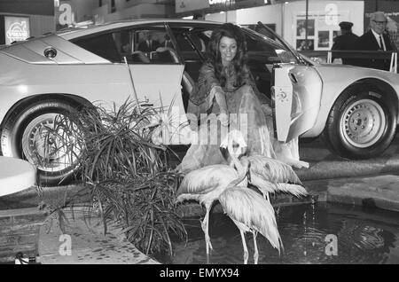 Earls Court Motor Show 1970s car and young woman model wearing a see ...