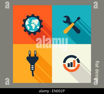 Business icon set. Software and web development, marketing, e-commerce. Flat design The map image is derived from the materials  Stock Vector
