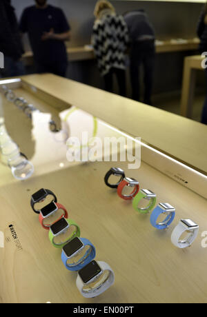 New York, USA. 24th Apr, 2015. Photo taken on April 24, 2015 shows Apple Watches in New York, the United States. The Apple Watch goes on sale around the world on Friday. © Wang Lei/Xinhua/Alamy Live News Stock Photo