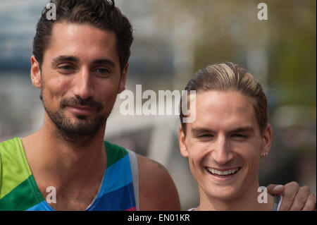 Tower Hotel, London, UK. 23rd April, 2015. Celebrity runners attend the celeb photocall 2 days before the Virgin Money 2015 London Marathon. Hugo Taylor and Oliver Proudlock, stars of the BAFTA award winning reality TV series Made in Chelsea. Credit:  Malcolm Park editorial/Alamy Live News Stock Photo