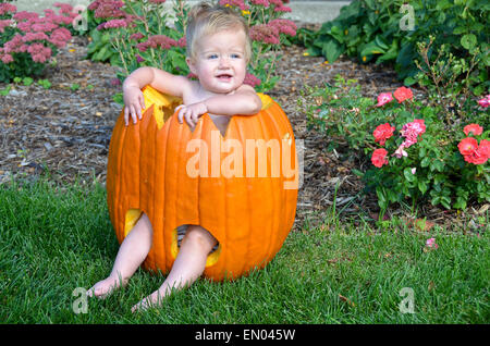 Happy little blond girl in a carved out Halloween pumpkin. Stock Photo