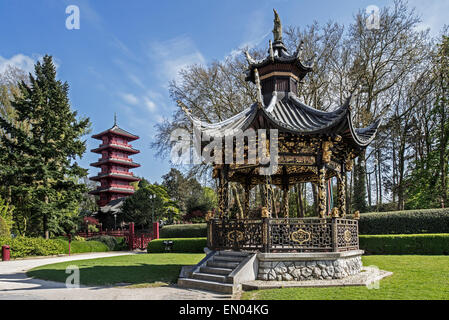 Gazebo of the Chinese Pavilion and red Japanese Tower, pagoda in Laeken near Brussels, Belgium Stock Photo