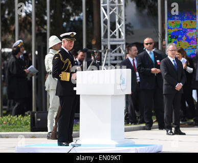 Canakkale, Turkey. 24th Apr, 2015. British Prince of Wales Charles (front) delivers a speech during a ceremony marking the historic Gallipoli Battle in Canakkale, Turkey, April 24, 2015. Turkish President Recep Tayyip Erdogan and British Prince of Wales Charles Friday joined more than 18,000 people to mark 100th anniversary of the Gallipoli Battle. Credit:  He Canling/Xinhua/Alamy Live News Stock Photo