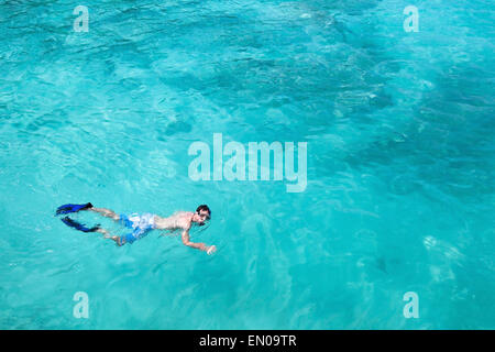 snorkeling, top view of man swimming with fins and mask, copy space Stock Photo